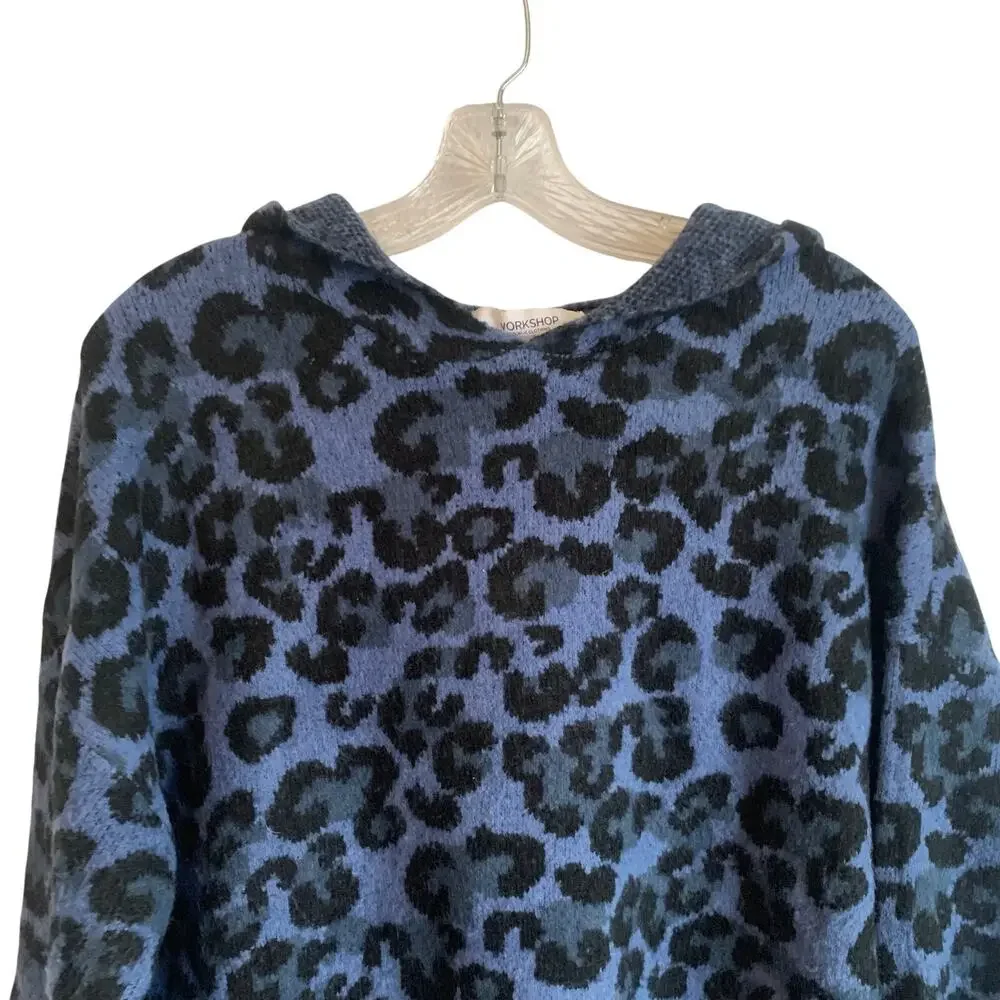 Workshop Republic Women Sz L Blue Black Leopard Cheetah Hooded Pullover Sweater
